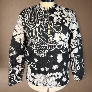 Chadwicks of Boston Black White Quilted Floral Jacket Cotton Boho Cottagecore
